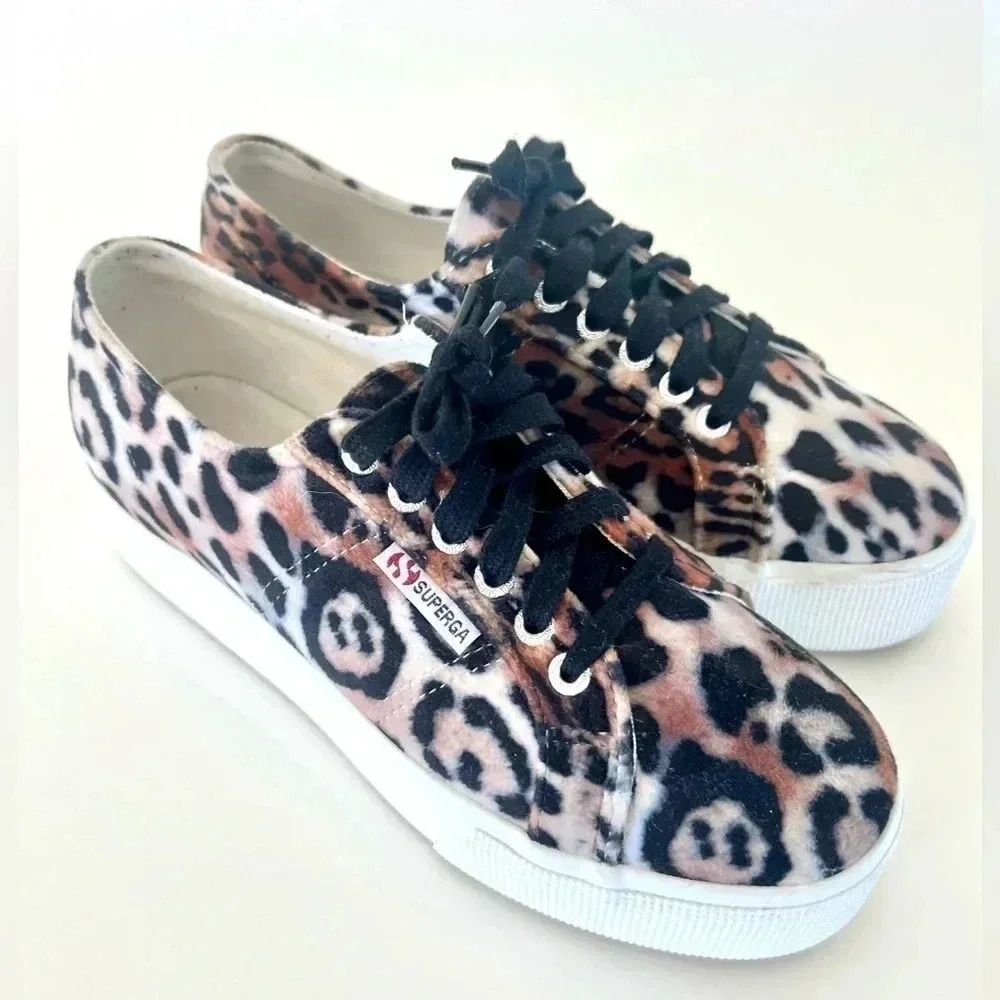 Superga Velvet Leopard Print Chunky Platform Lace-Up Sneakers Size 39.5